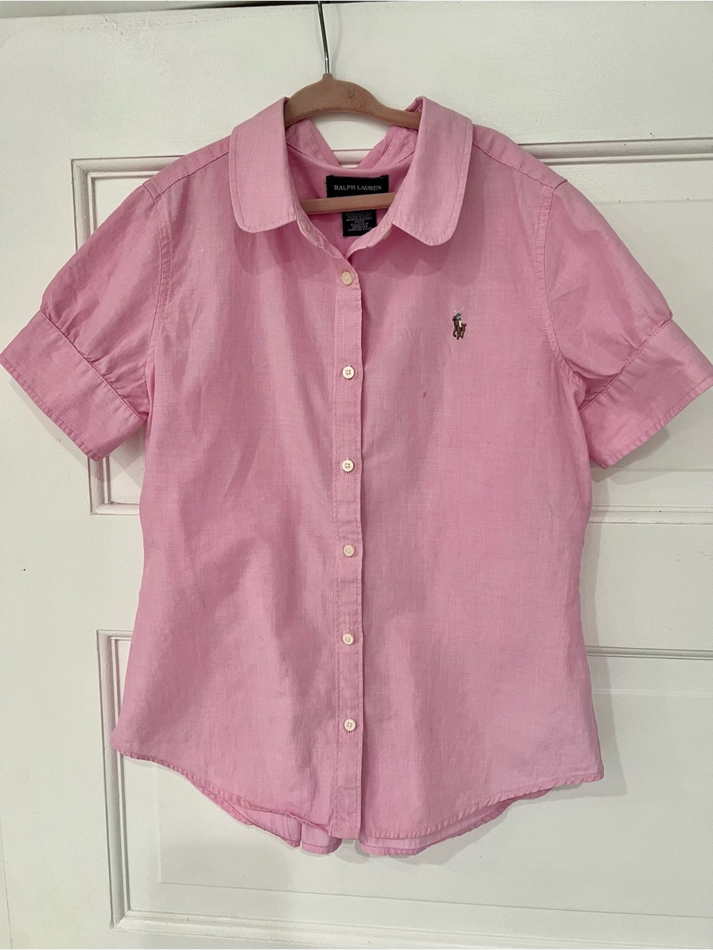 Ralph Lauren Girls Pink Cotton Button Front Blouse Size 12 Pleated Back